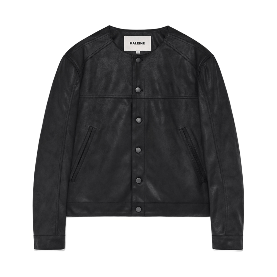 알렌느 크롭 칼라리스 포우 레더 자켓 블랙(Haleine Cropped Collarless Faux Leather Jacket Black (WJ137))