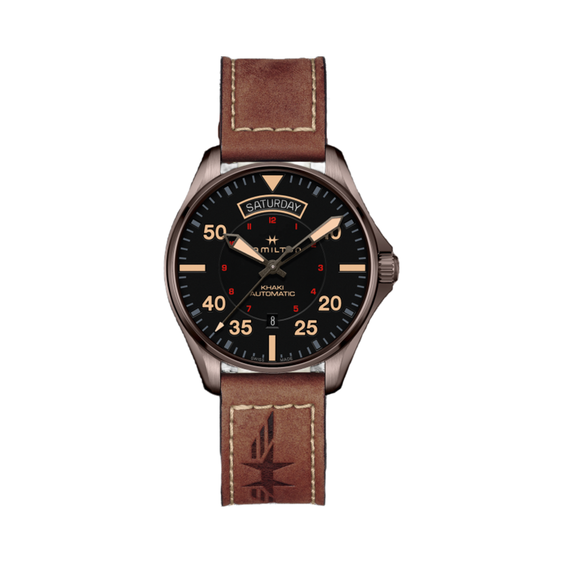 해밀턴 카키 에비에이션 데이 데이트 오토 스테인리스 스틸 소가죽 블랙(Hamilton Khaki Aviation Day Date Auto Stainless Steel Cow Leather Black) - 1