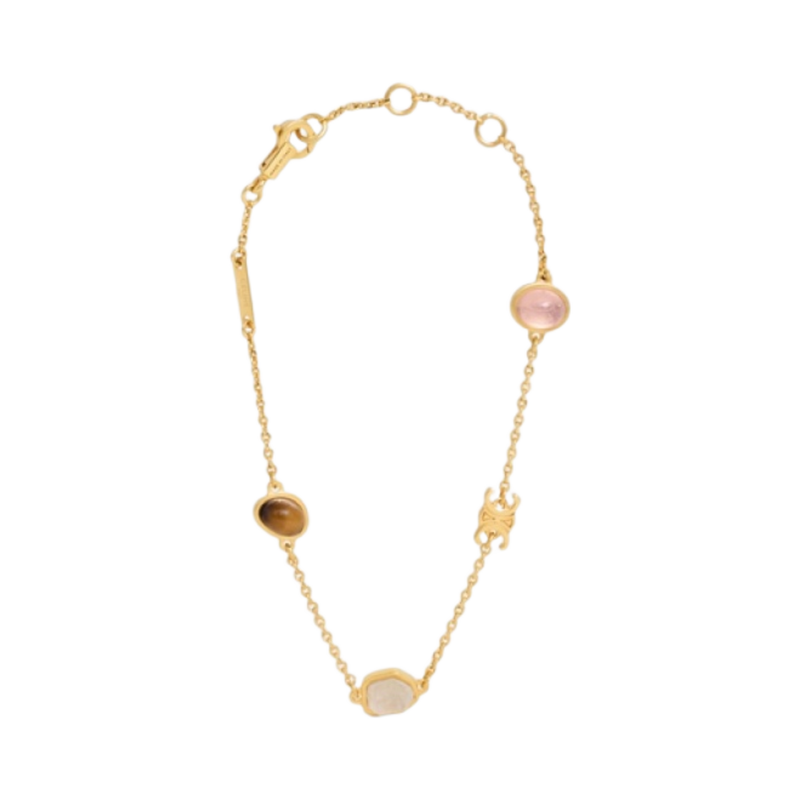 460RJ6GPT-35OU (W) Celine Triomphe Indie Bracelet in Brass with Gold Finish Rutilated Quartz, Pink Quartz Tiger Eye Gold Multicolour