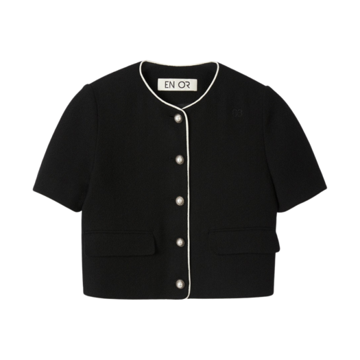 BCSUJK001BK En Or Women Velvet Trimmed Cotton Crop Jacket Black