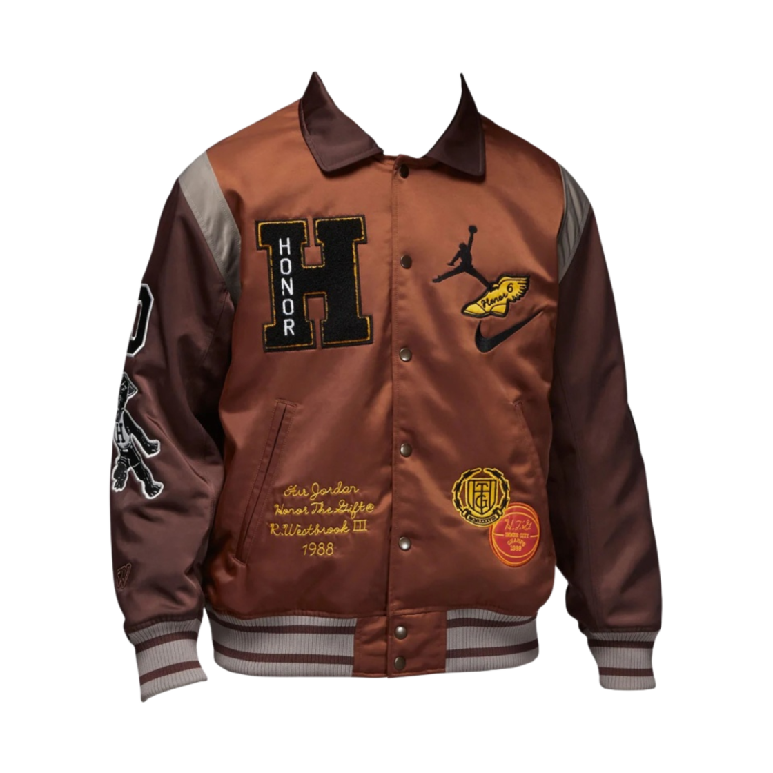 DX6244-204 Jordan x Russell Westbrook Honor the Gift Varsity Jacket Pecan - Asia - 대표 이미지 #1