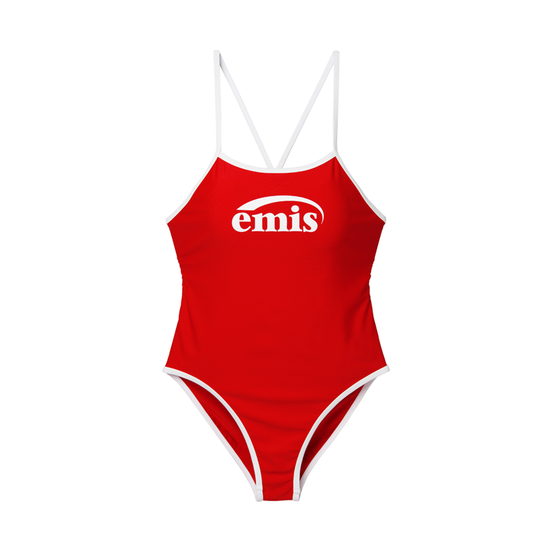 (W) 이미스 로고 브이백 스트랩 스윔수트 레드((W) Emis Logo V-Back Strap Swimsuit Red)