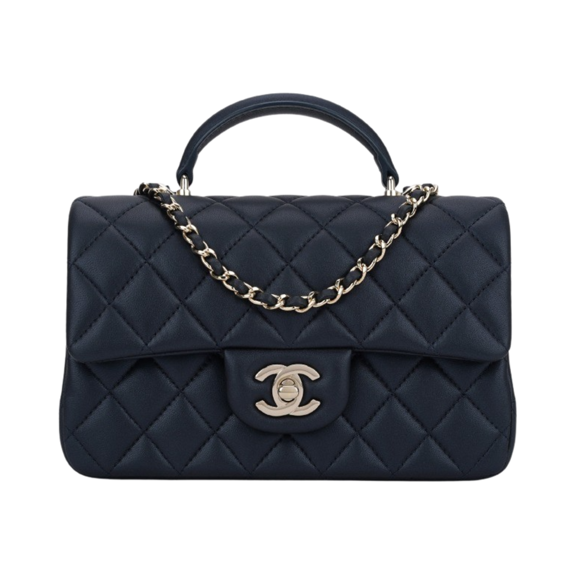 샤넬 핸들 장식의 미니 플랩백 램스킨 & 골드 메탈 다크 네이비(Chanel Mini Flap Bag with Top Handle Lambskin & Gold Dark Navy) - 1
