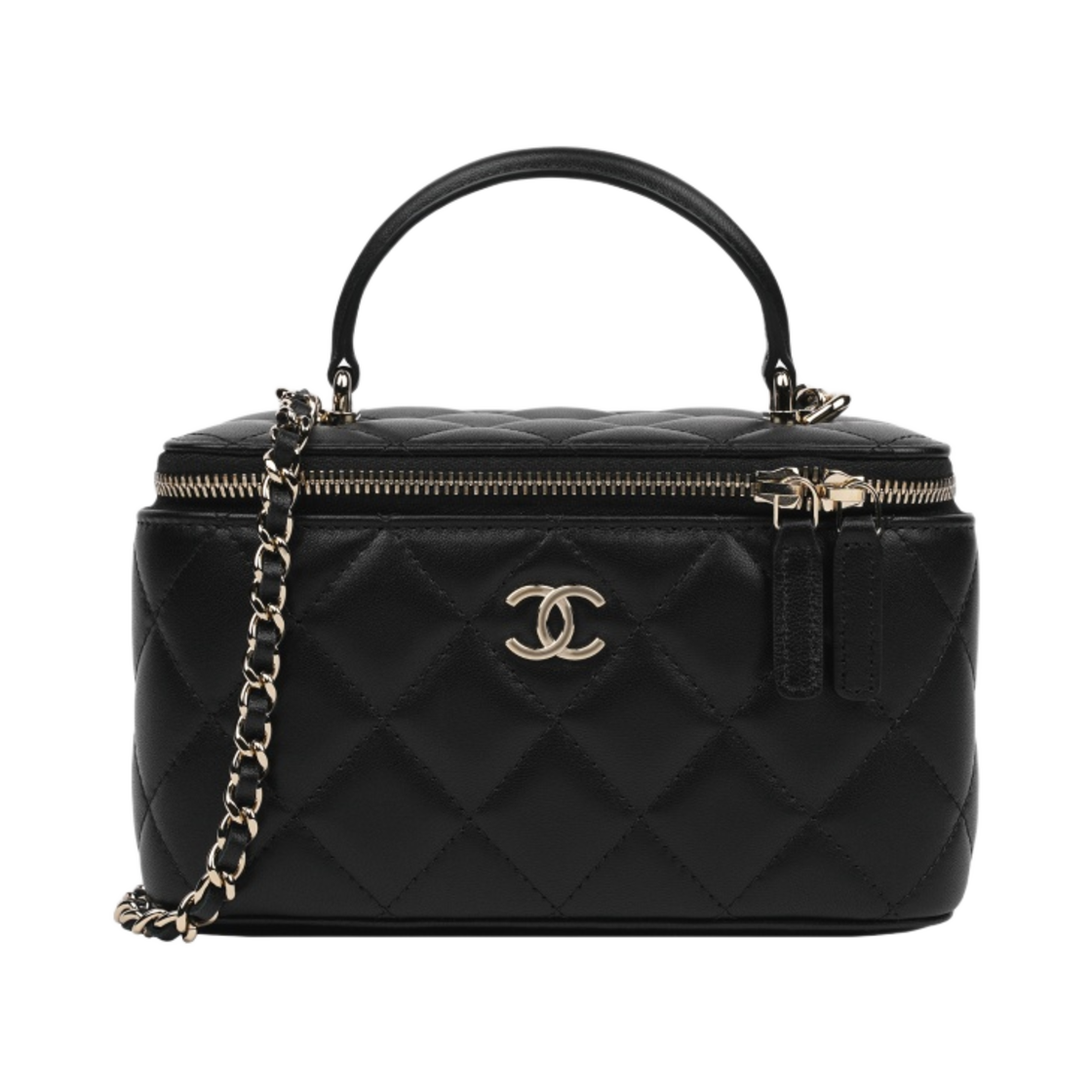 샤넬 체인 코스메틱 케이스 램스킨 & 골드 메탈 블랙 (내부 거울 포함)(Chanel Vanity With Chain Lambskin & Gold Black (Inside Mirror))