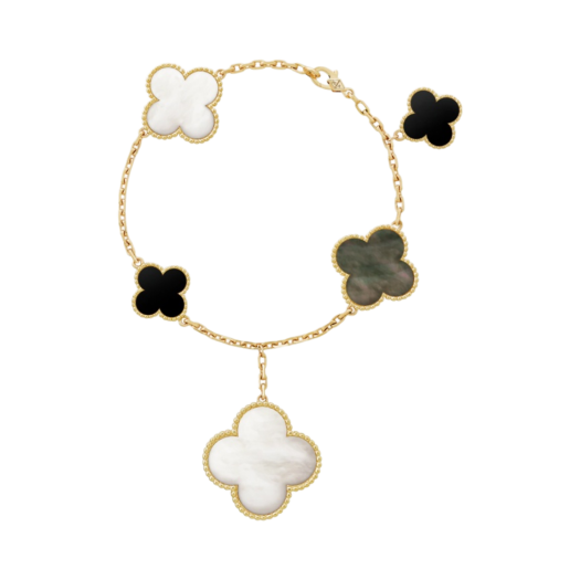 (W) Van Cleef & Arpels Magic Alhambra Bracelet 5 Motifs Yellow Gold Mother of Pearl Onyx