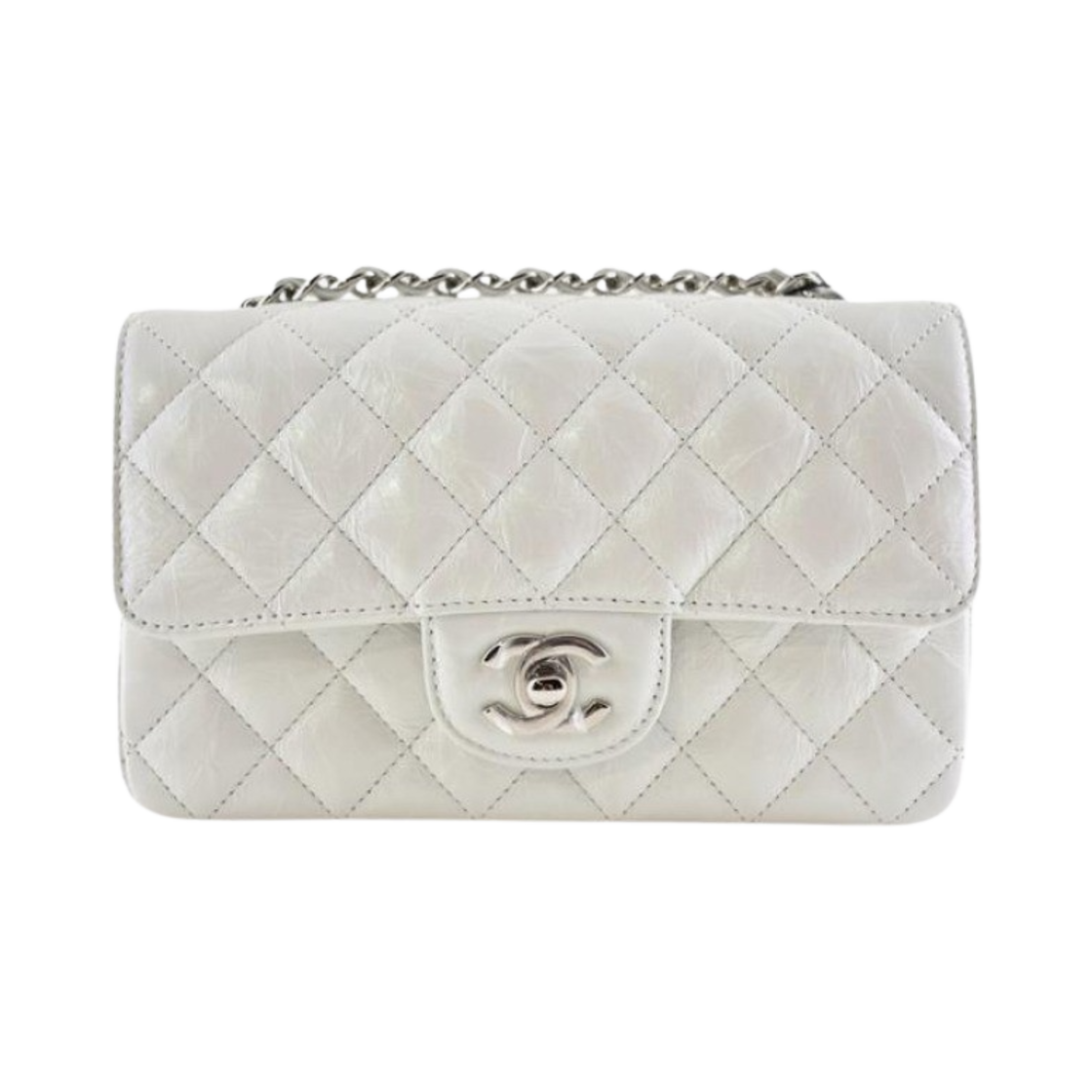 샤넬 미니 플랩백 크럼플드 글로시 카프스킨 & 실버 메탈 화이트