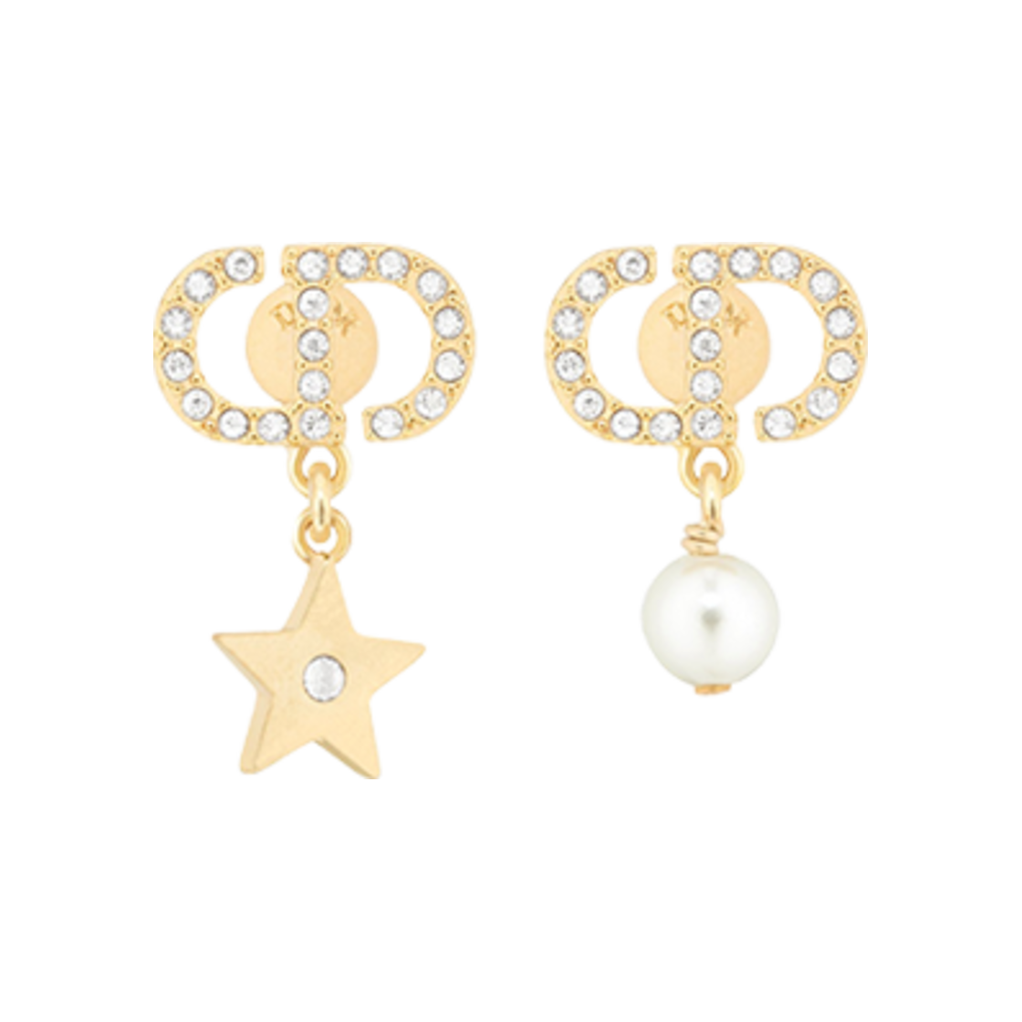 E3714WOMCY-D03S (W) Dior Petit CD Lucky Charms Earrings Gold Finish Metal White Resin Pearl Silver Tone Crystals