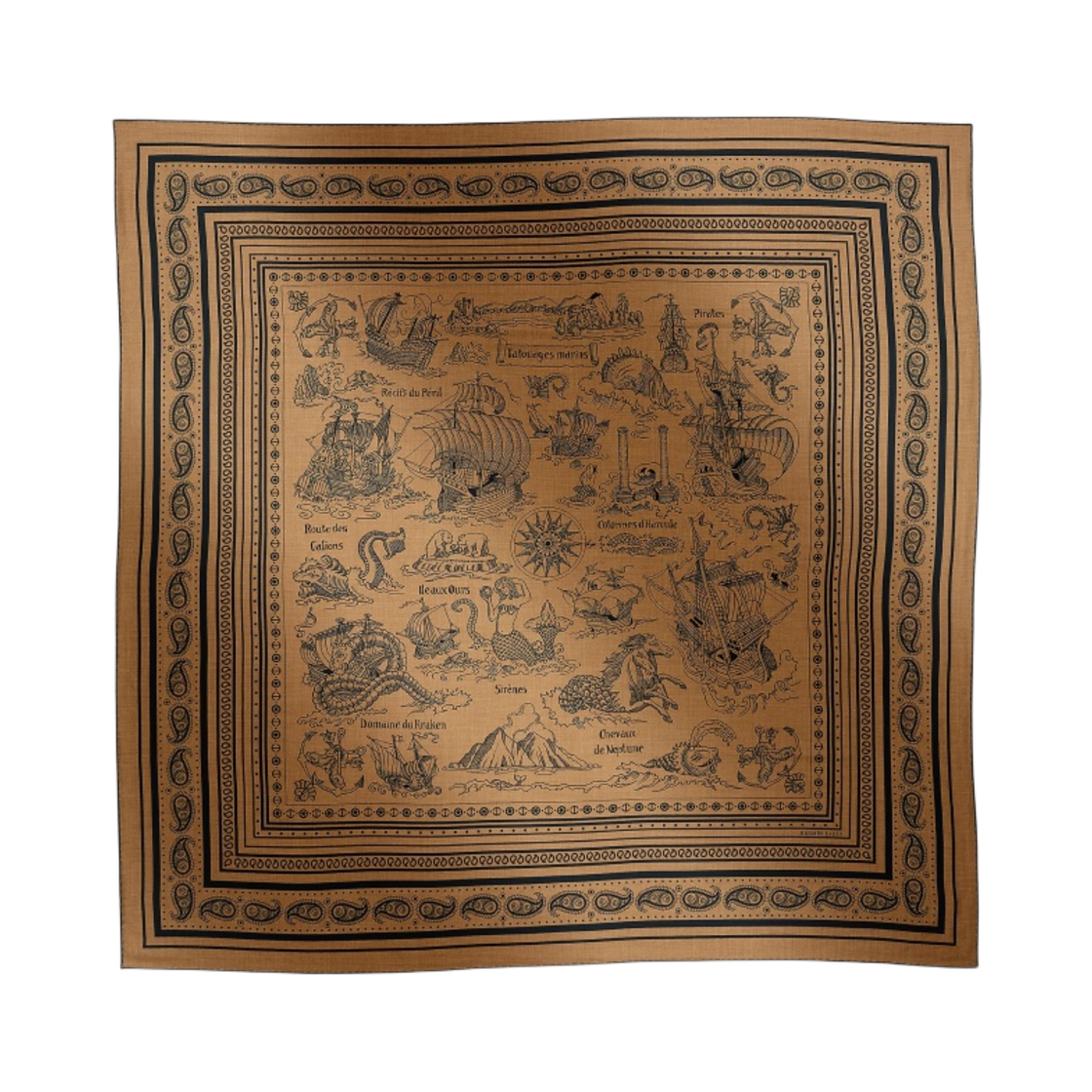 H243374S08 (W) Hermes Tatouages Marins Bandana Shawl 140 Caramel Marine