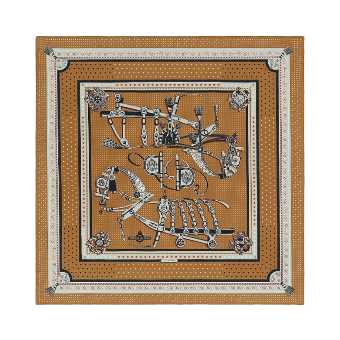 (W) 에르메스 아네 드 쿠어 반다나 숄 140 누와젯 그리 뻬를르 누아((W) Hermes Harnais De Cour Bandana Shawl 140 Noisette Gris Perle Noir) - 1