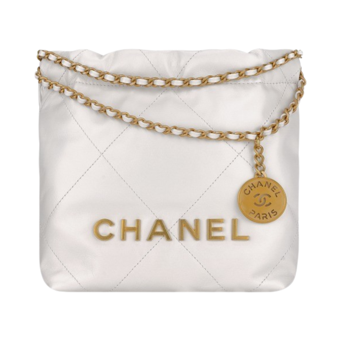 샤넬 22 미니 핸드백 샤이니 카프스킨 & 골드 메탈 화이트