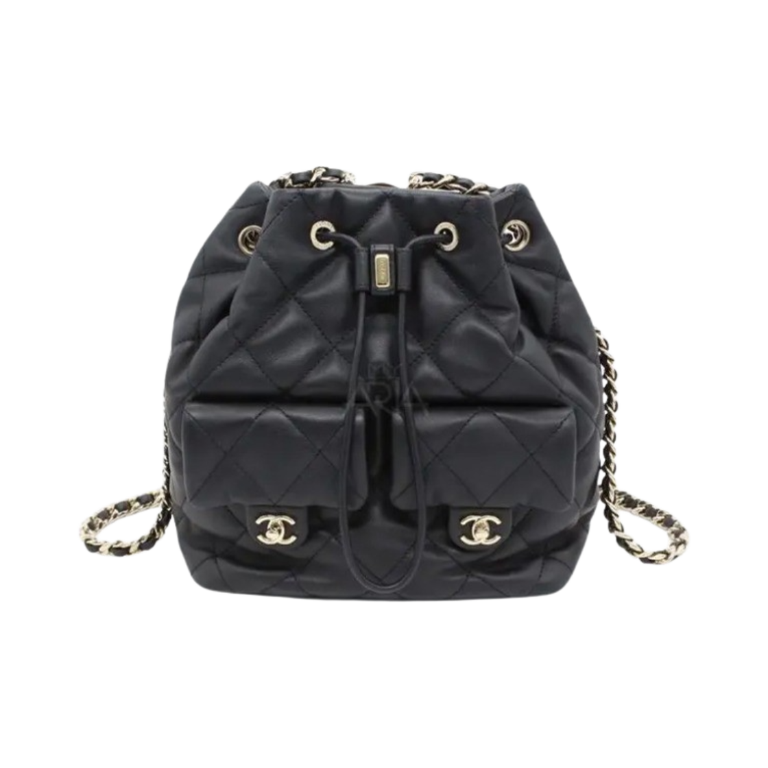 AS4342-B13833-94305 Chanel Two Pocket Drawstring Bucket Backpack Calfskin & Gold Black