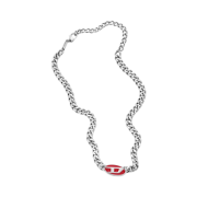 Diesel Dx1446 Red Enamel Stainless Steel Chain Necklace Silver