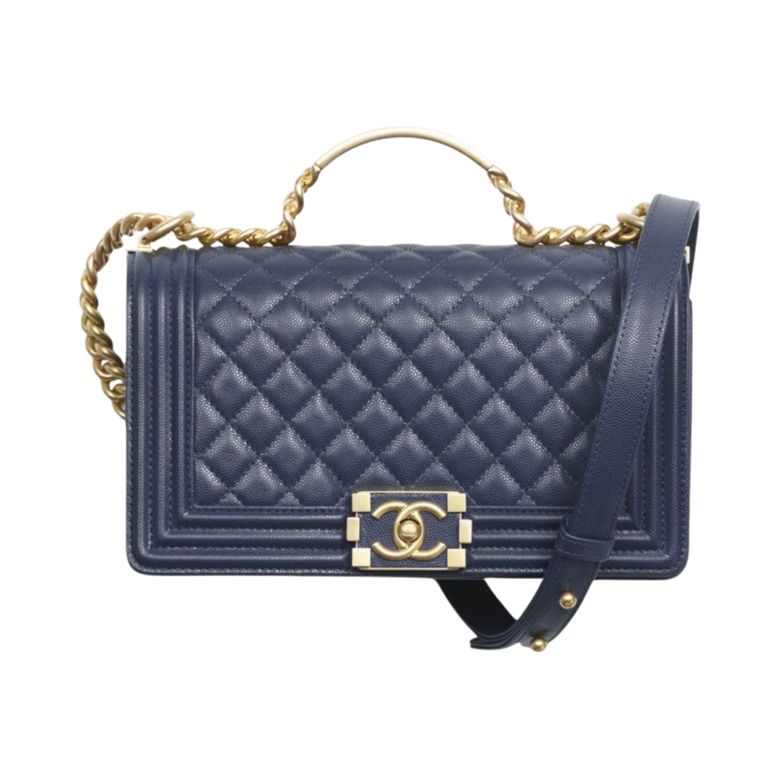 샤넬 보이 샤넬 플랩백 핸들 그레인드 샤이니 카프스킨 & 골드 메탈 다크 블루(Chanel Boy Chanel Flap Bag with Handle Grained Shiny Calfskin & Gold Dark Blue) - 1