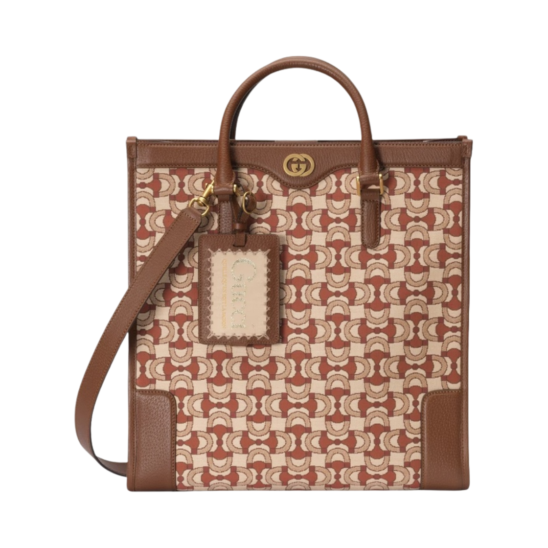 구찌 인터로킹 G 홀스빗 자카드 토트 베이지 다크 레드 코튼(Gucci Interlocking G Horsebit Jacquard Tote Beige Dark Red Cotton) - 1