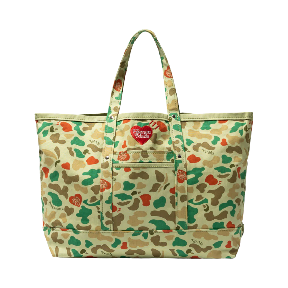 휴먼 메이드 x 베르디 걸스 돈 크라이 하트 카모 토트 백 라지 그린(Human Made x Verdy Girls Don't Cry Heart Camo Tote Bag Large Green)