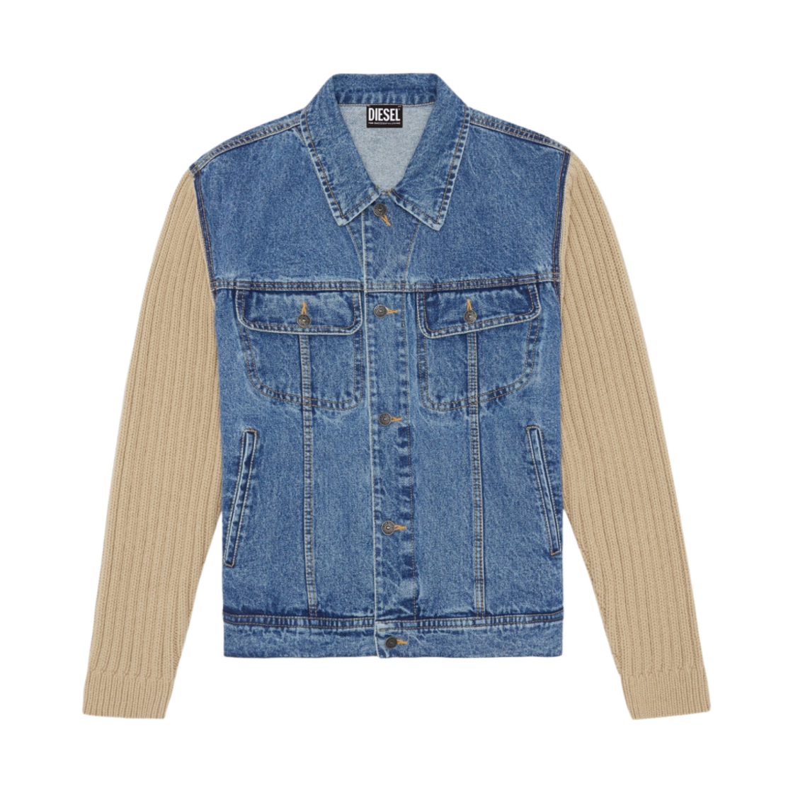 디젤 K-레이톤 W 니트 앤 데님 트러커 자켓 블루 브라운(Diesel K-Layton W Knit and Denim Trucker Jacket Blue Brown)