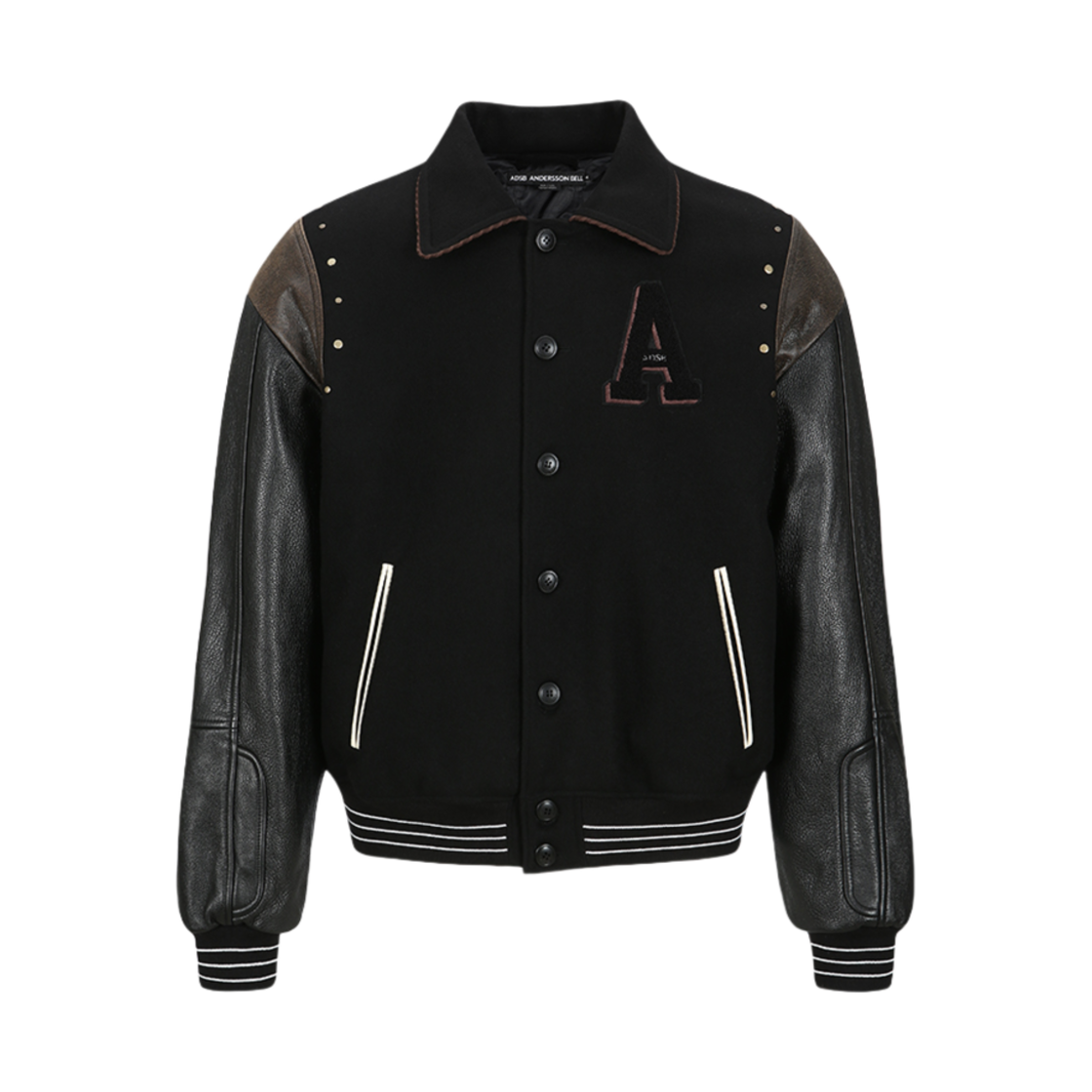 awa691m Black ADSB Andersson Bell A Patch Wool & Leather Varsity Jacket Black