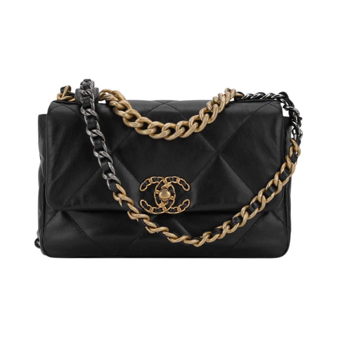 샤넬 19 미디움 핸드백 샤이니 고트스킨 & 골드 메탈 블랙