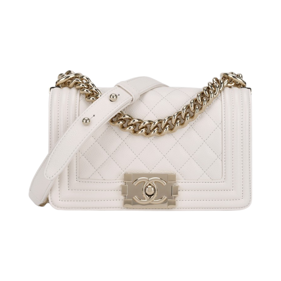 보이 샤넬 스몰 플랩백 그레인드 카프스킨 & 골드 메탈 화이트