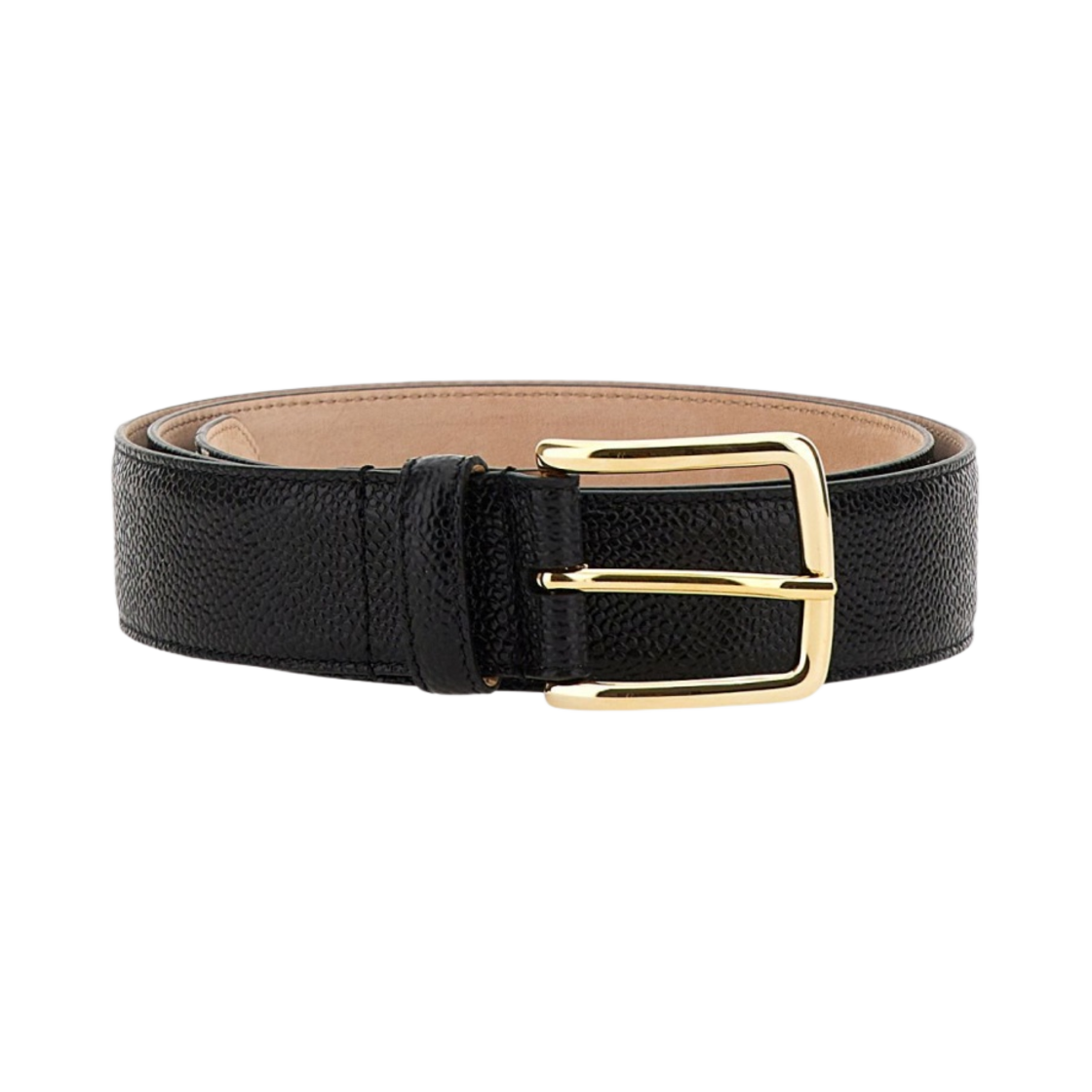 톰브라운 페블 그레인 레더 사선 아플리케 클래식 벨트 블랙(Thom Browne Pebble Grain Leather 4-Bar Applique Classic Belt Black) - 1