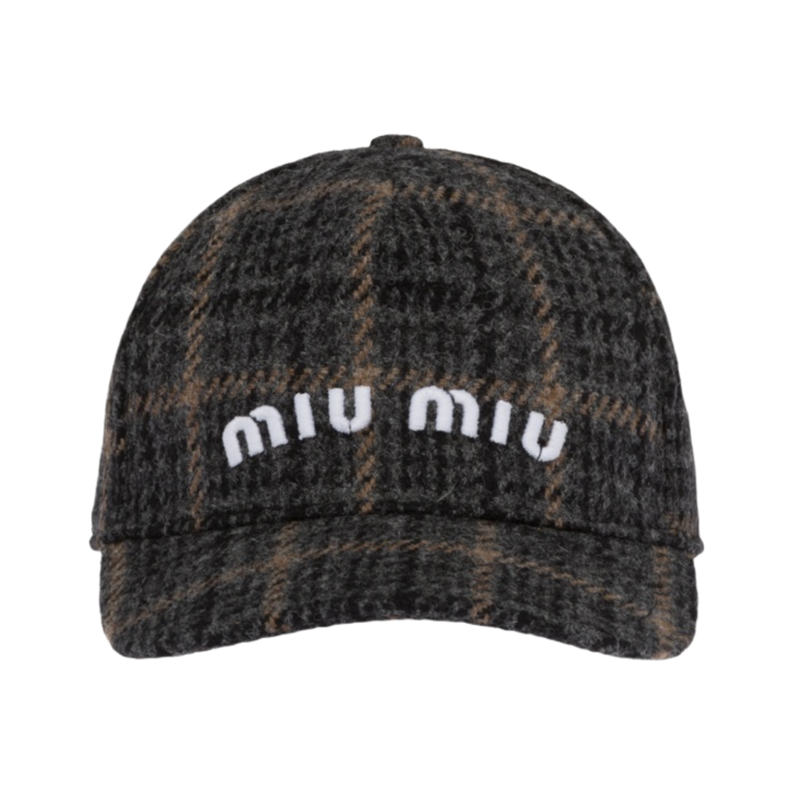 (W) 미우 미우 플래드 셰틀랜드 울 베이스볼 캡 에보니((W) Miu Miu Plaid Shetland Wool Baseball Cap Ebony) - 1