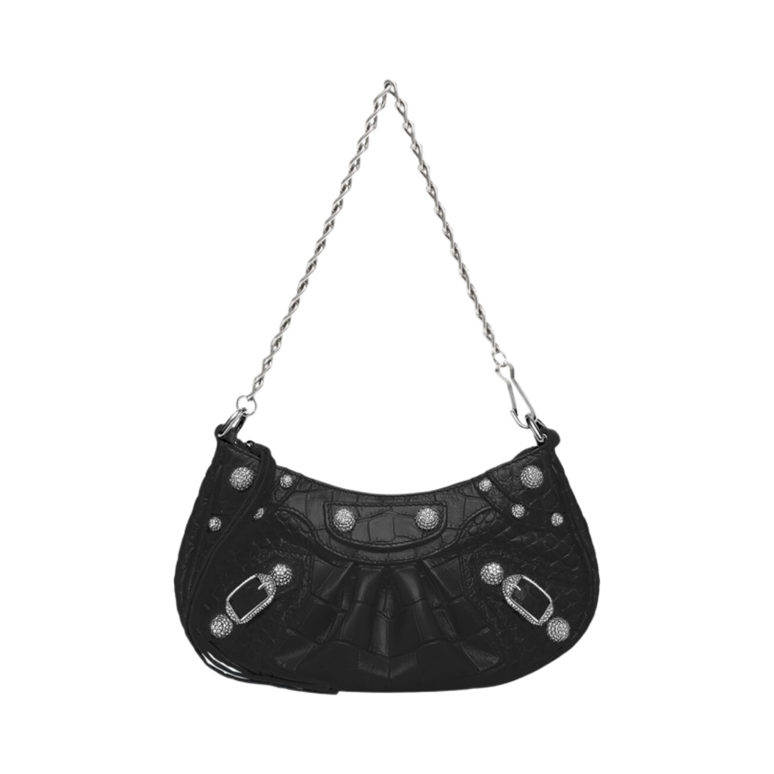 발렌시아가 르 카골 체인 미니백 크로커다일 엠보스 라인스톤 블랙(Balenciaga Le Cagole Mini Bag with Chain Crocodile Embossed with Rhinestones Black)