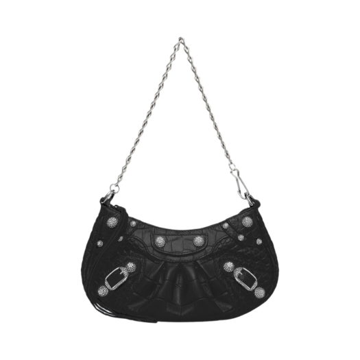 69581423EJY1000 Balenciaga Le Cagole Mini Bag with Chain Crocodile Embossed with Rhinestones Black