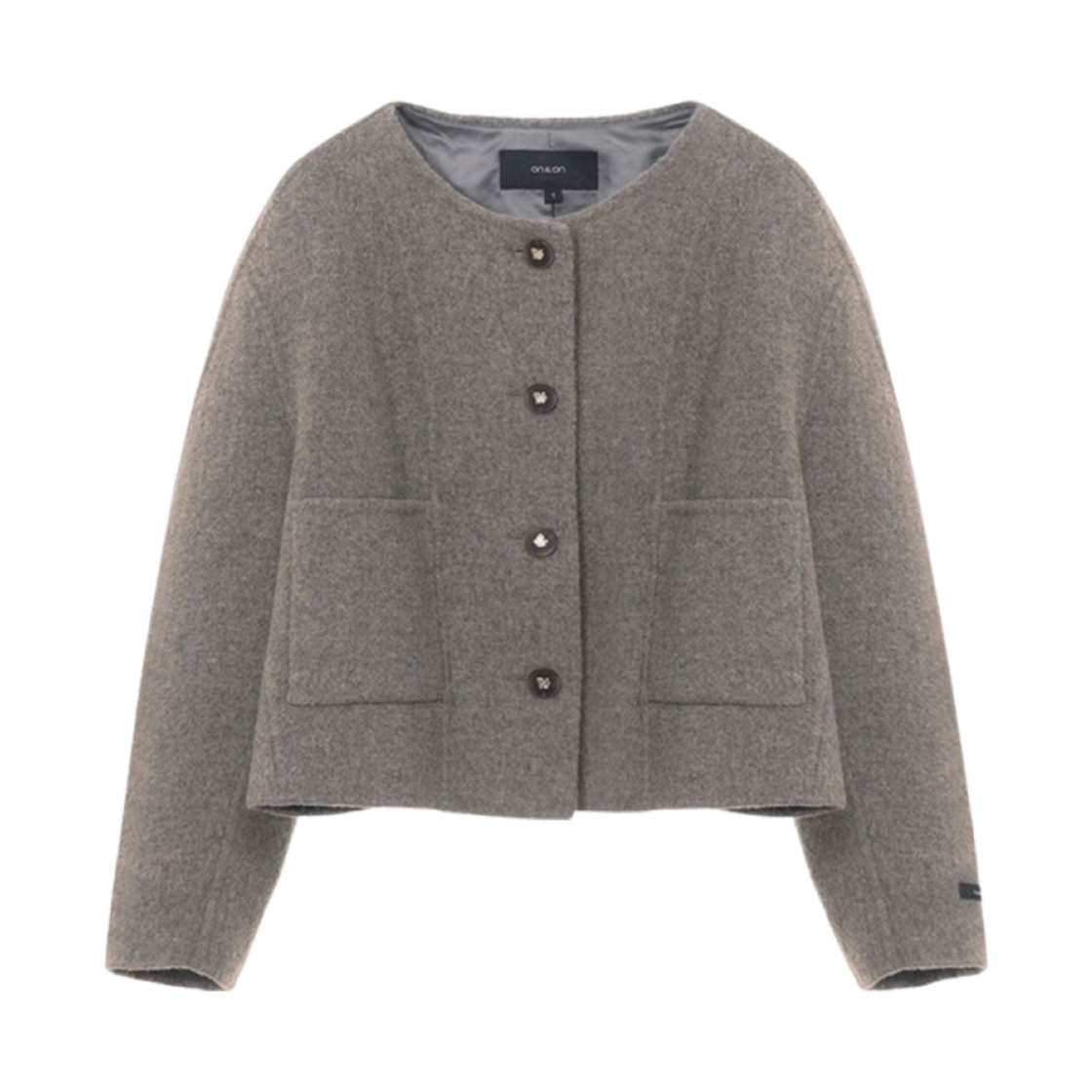 NEW4WJ913-4B (W) On&On Round Neck Cropped Handmade Wool Jacket Melange Khaki