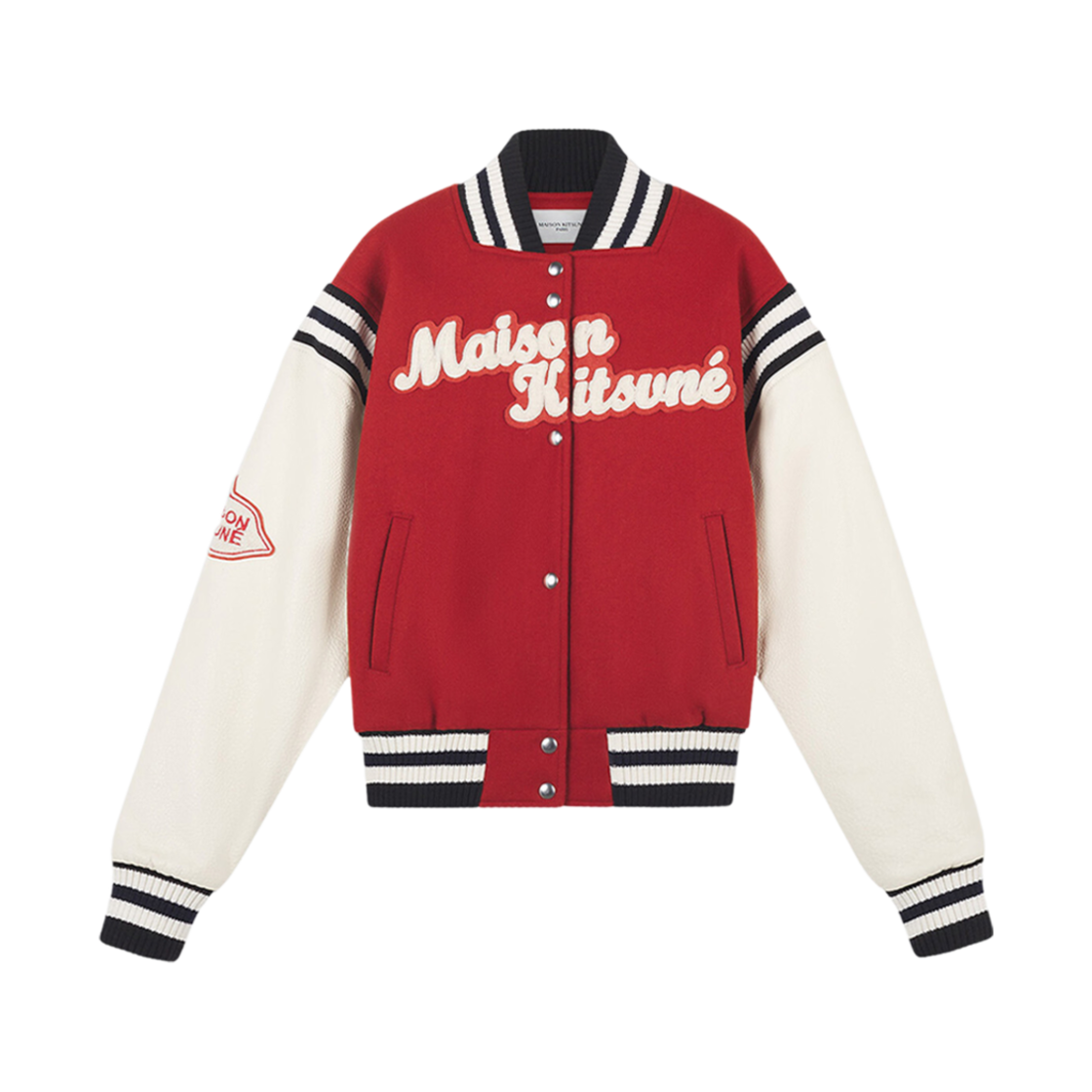 (W) 메종 키츠네 바시티 자켓 울 펠트 레더 슬리브 번트 레드((W) Maison Kitsune Varsity Jacket In Wool Felt With Leather Sleeves Burnt Red) - 1