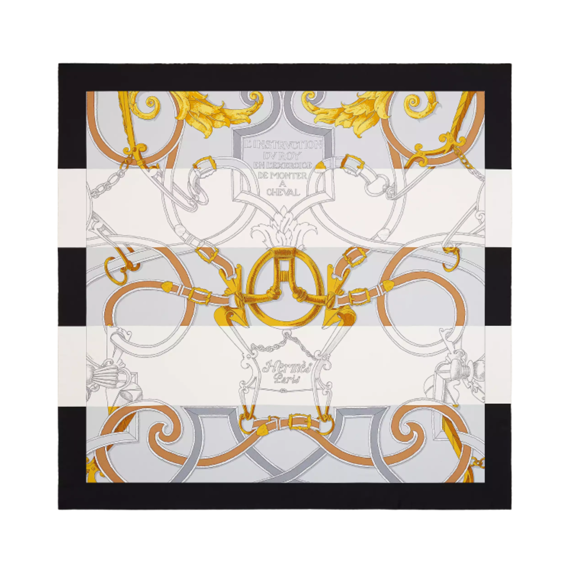 (W) 에르메스 린스트럭션 두 로이 비야데 스카프 90 누아 그리 오르((W) Hermes L'Instruction Du Roy Bayadere Scarf 90 Noir Gris Or)