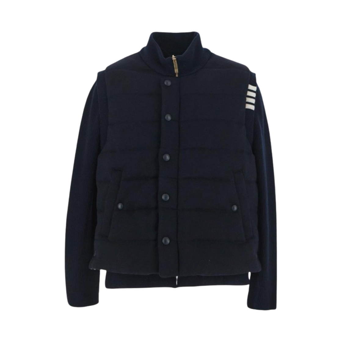톰브라운 메리노 저지 패디드 리버시블 사선 퍼넬 넥 자켓 네이비(Thom Browne Merino and Jersey Padded Reversible 4-Bar Funnel Neck Jacket Navy)