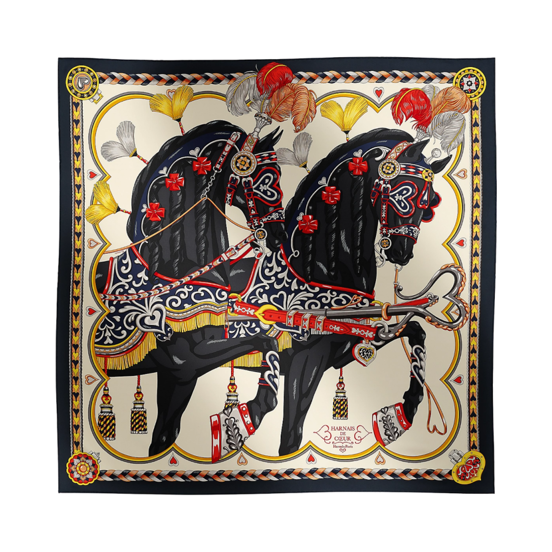 (W) 에르메스 아르네 드 꾀흐 스카프 90 블루 누아 크렘 앙트라시트((W) Hermes Harnais De Coeur Scarf 90 Bleu Noir Creme Anthracite) - 1