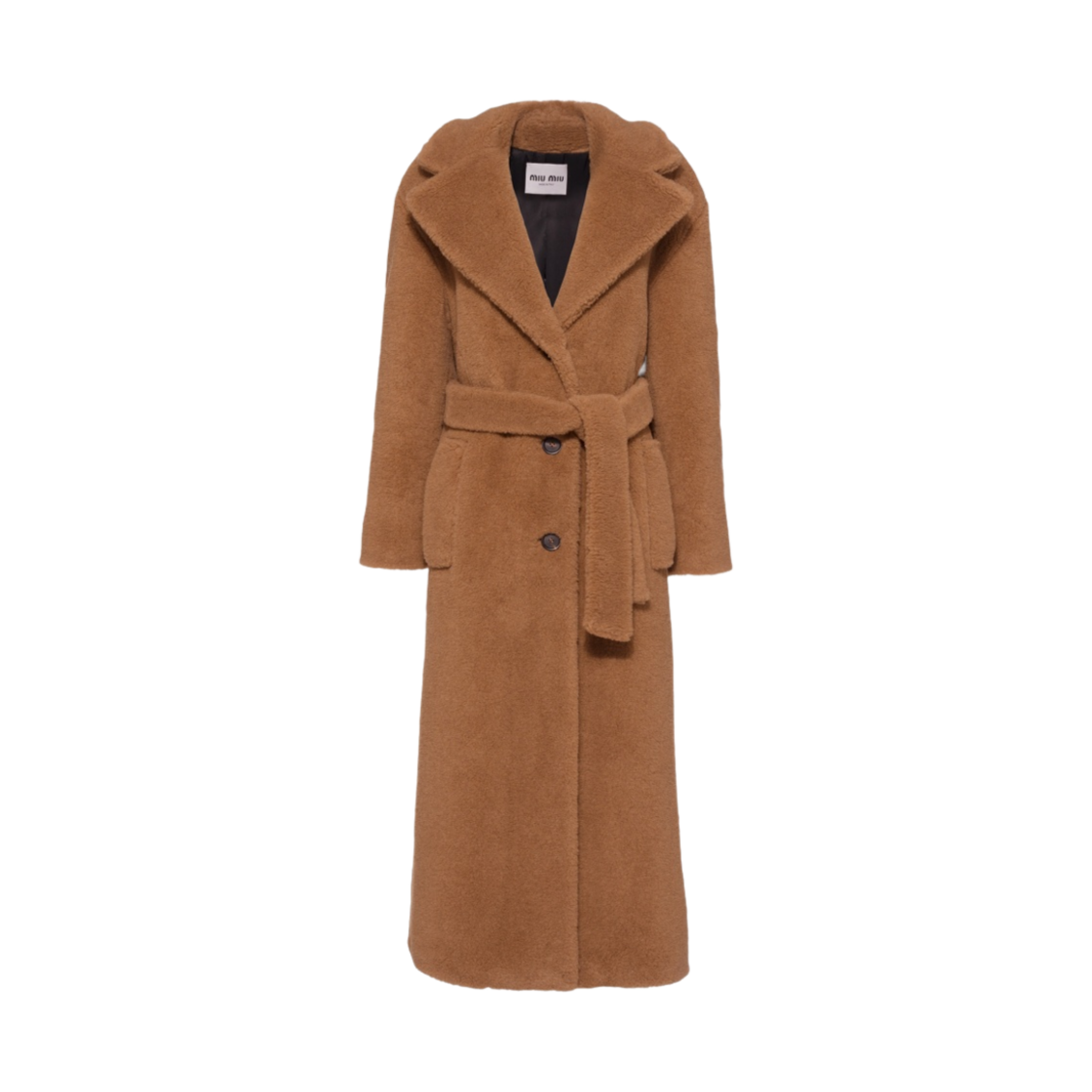 (W) 미우 미우 싱글 브레스티드 알파카 코트 카멜 브라운((W) Miu Miu Single Breasted Alpaca Coat Camel Brown) - 1