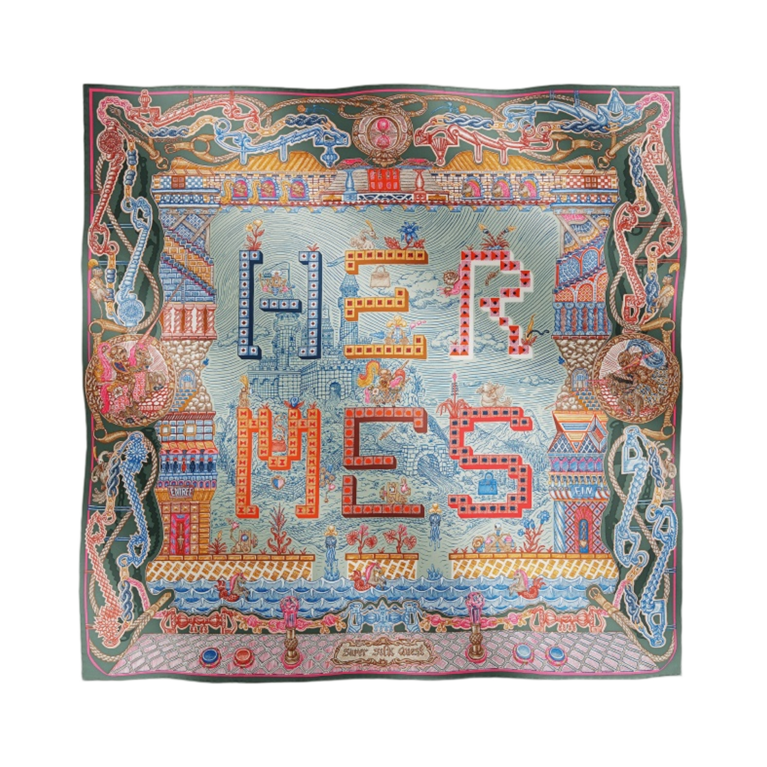 (W) 에르메스 슈퍼 실크 퀘스트 스카프 90 베르 아망드 로즈 멀티꼴로르