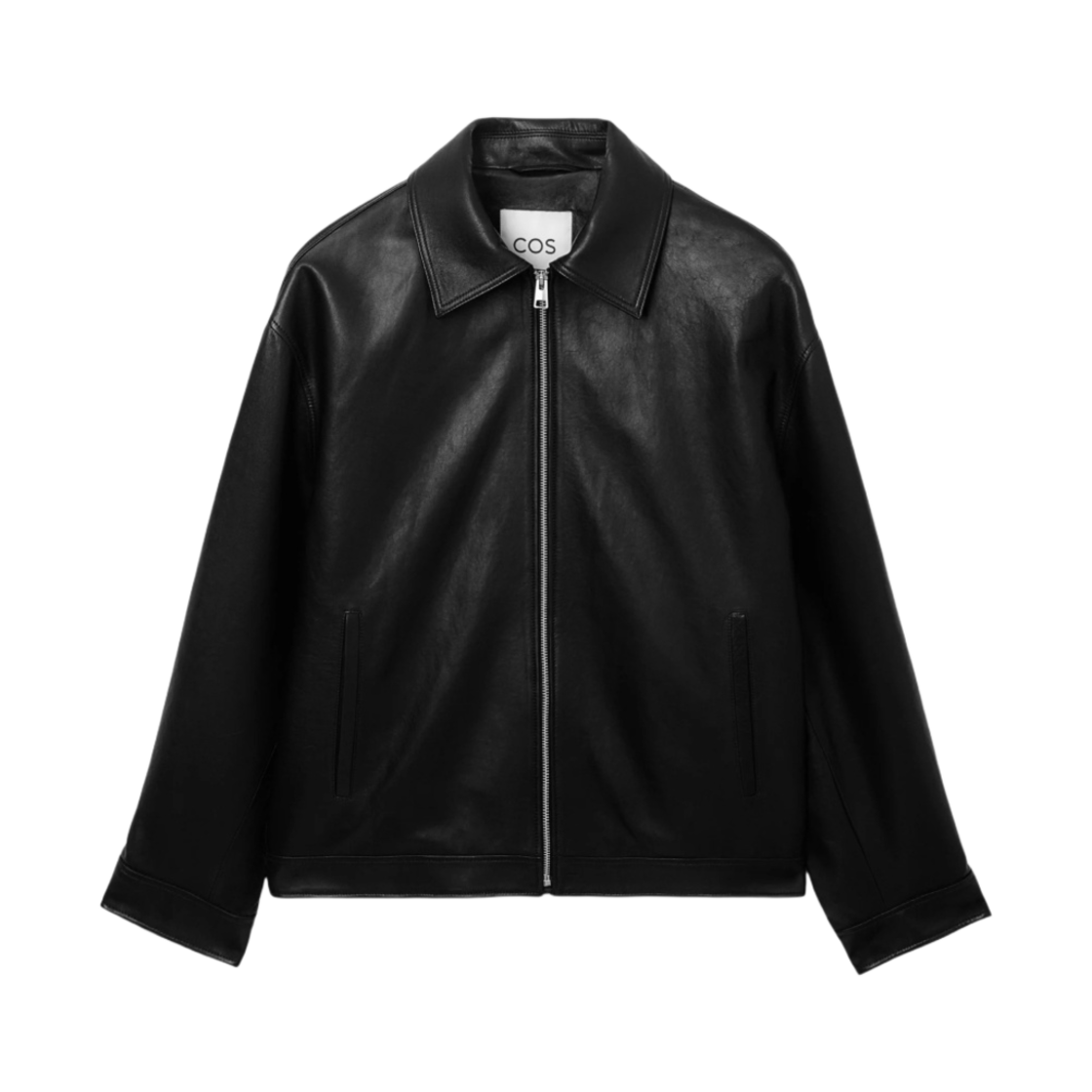 (W) 코스 오버사이즈 칼라드 레더 자켓 블랙((W) COS Oversized Collared Leather Jacket Black)