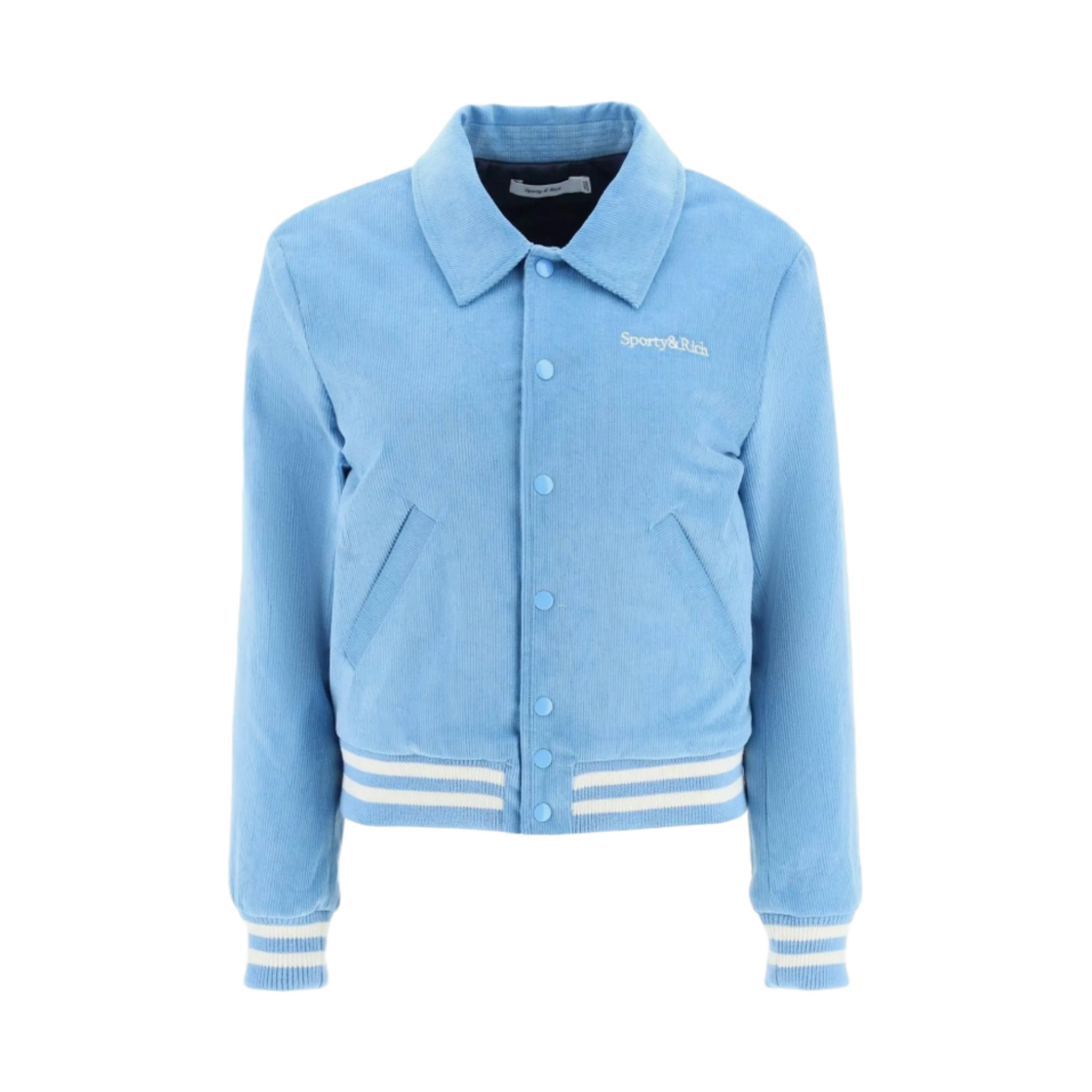 JA761BB (W) Sporty & Rich Wellness Club Corduroy Varsity Jacket Baby Blue White