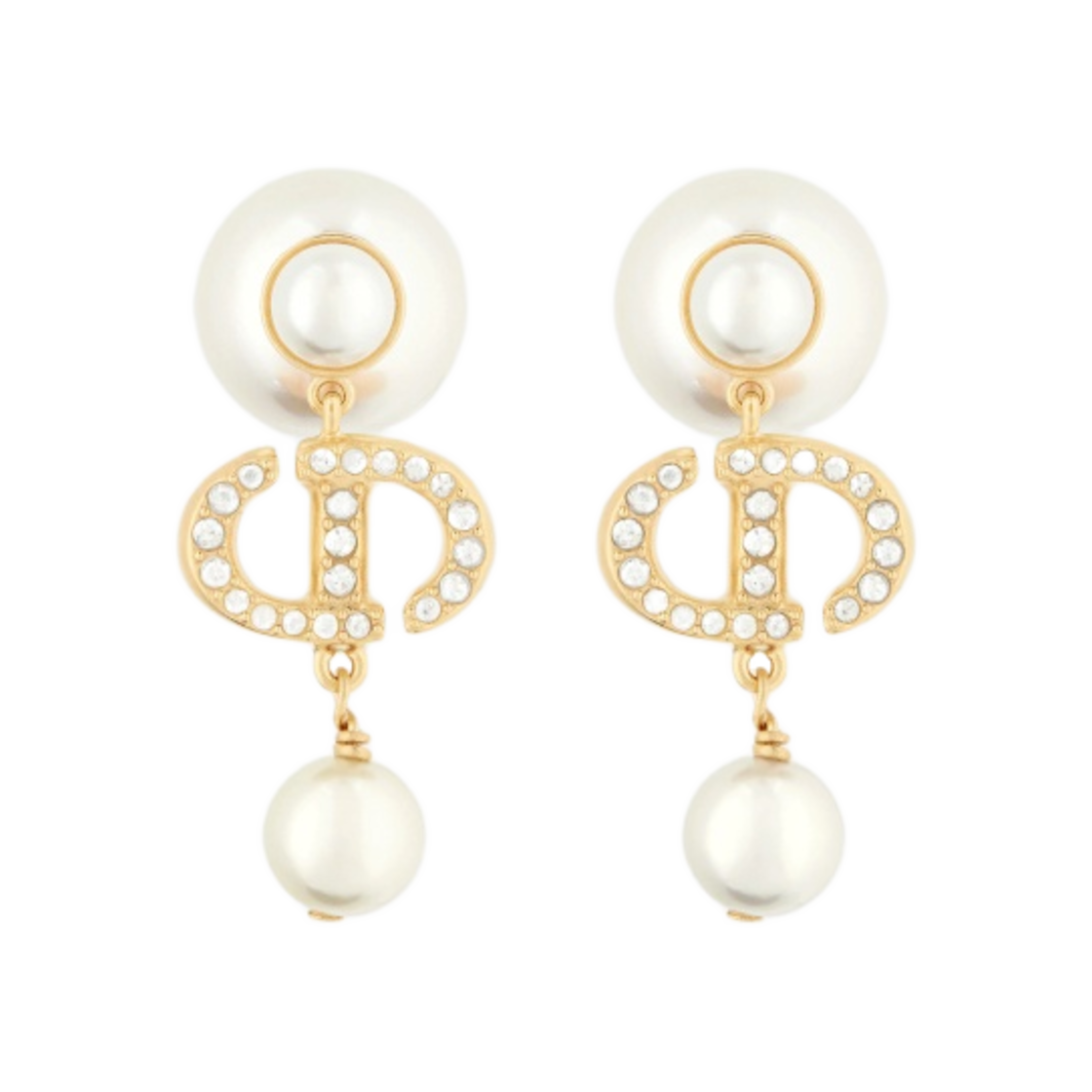 (W) 디올 트리발 이어링 골드 피니쉬 메탈 화이트 레진 펄 화이트 크리스탈((W) Dior Tribales Earrings Gold Finish Metal White Resin Pearls White Crystals) - 2
