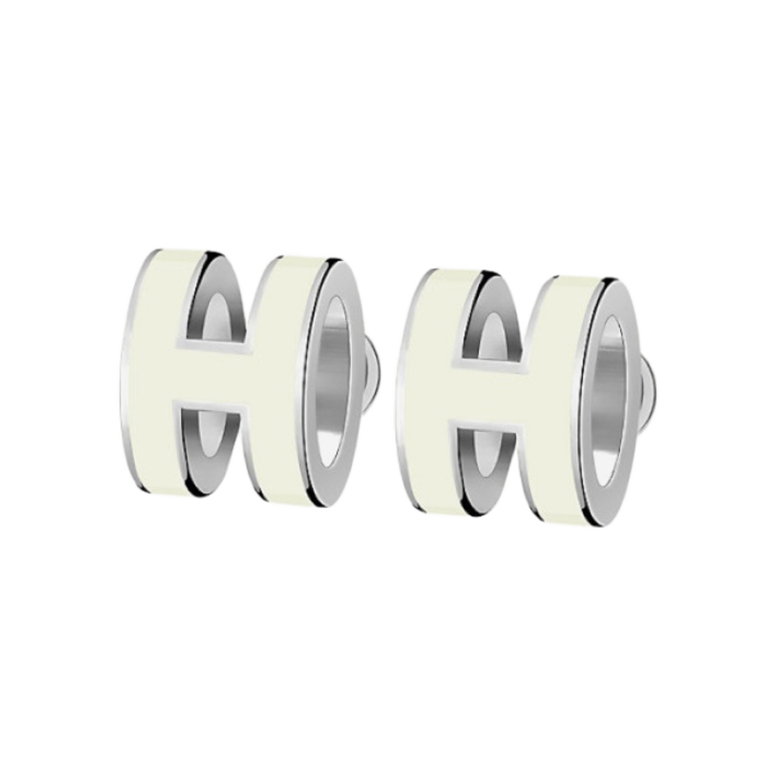 (W) 에르메스 미니 팝아슈 이어링 팔라듐 하드웨어 & 블랑((W) Hermes Mini Pop H Earrings Palladium & Blanc)