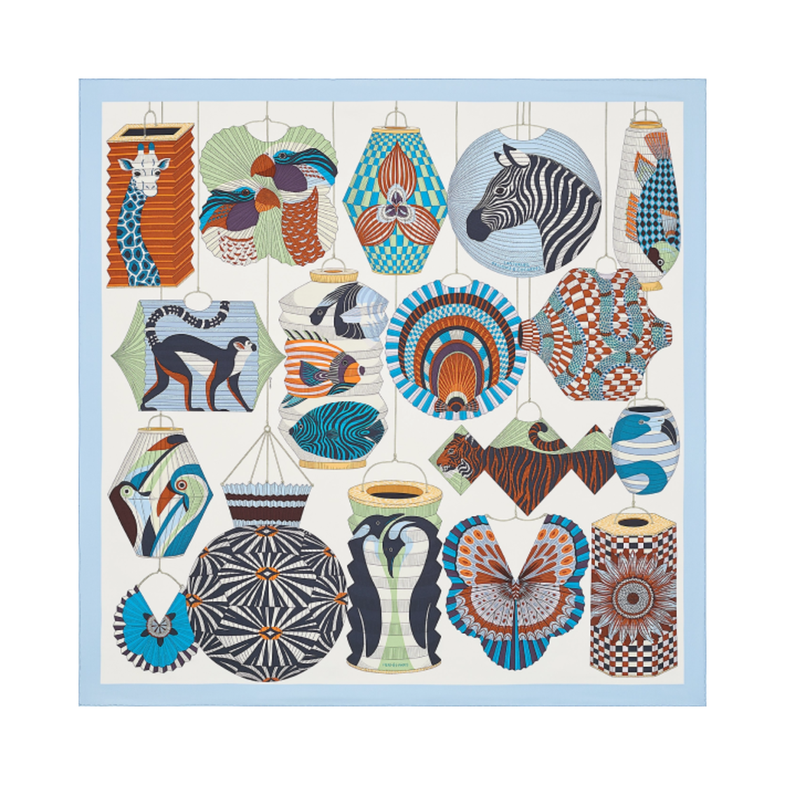 (W) 에르메스 랜턴 발롱 에 코카르드 스카프 90 블루 씨엘 블랑 베르((W) Hermes Lanternes Ballons et Cocardes Scarf 90 Bleu Ciel Blanc Vert) - 1