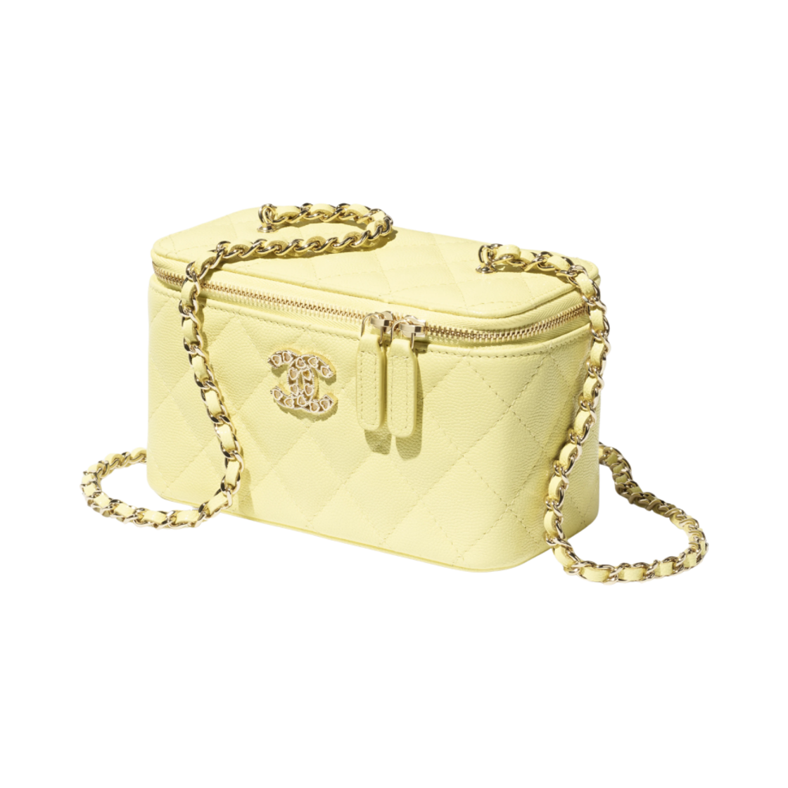 샤넬 체인 코스메틱 케이스 샤이니 그레인드 카프스킨 스트라스 & 골드 메탈 라이트 옐로우 (내부 거울 포함)(Chanel Vanity with Chain Shiny Grained Calfskin Strass & Gold Light Yellow (Inside Mirror)) - 2