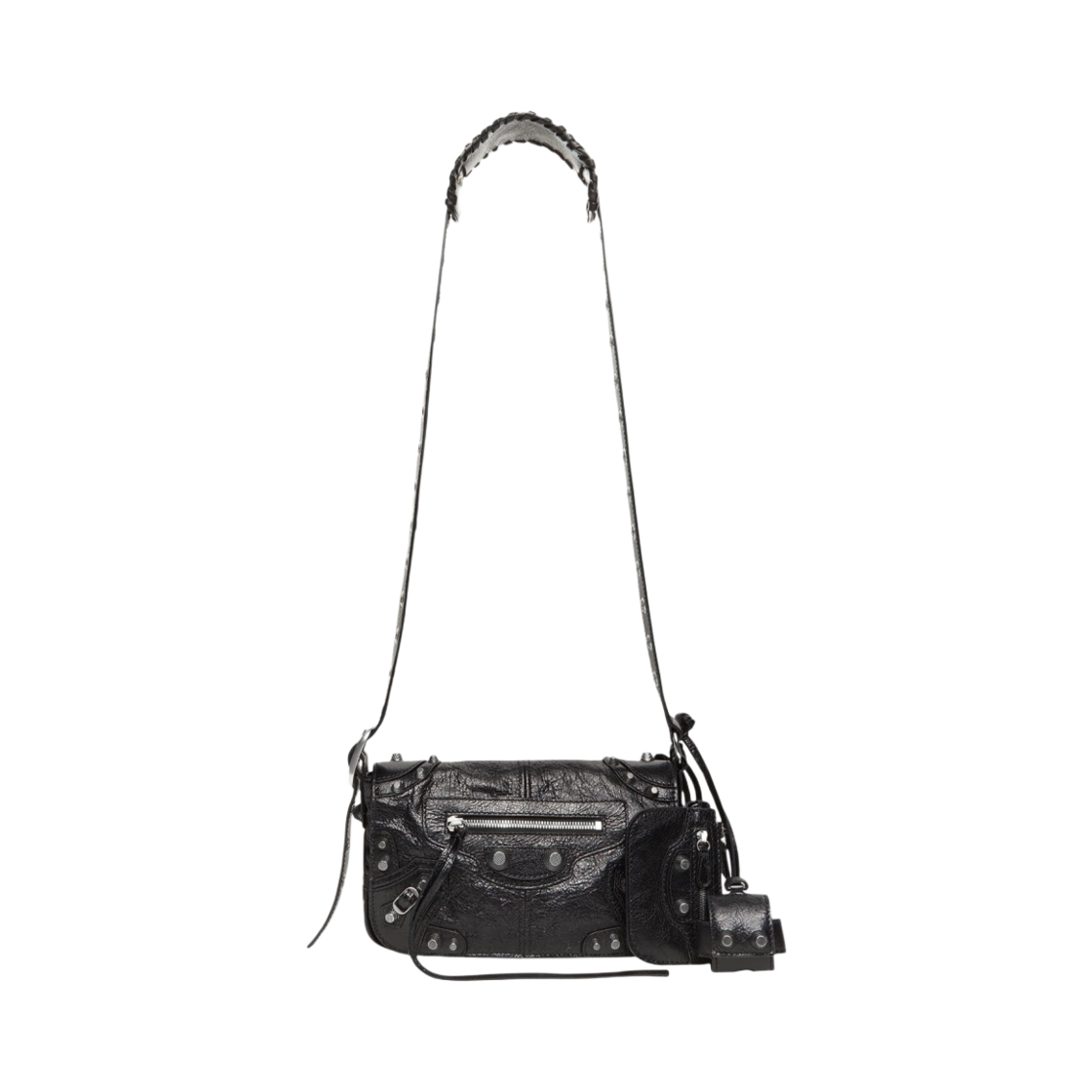 719082210KR1000 Balenciaga Arena Lambskin Aged Silver Hardware Le Cagole XS Flap Bag Black