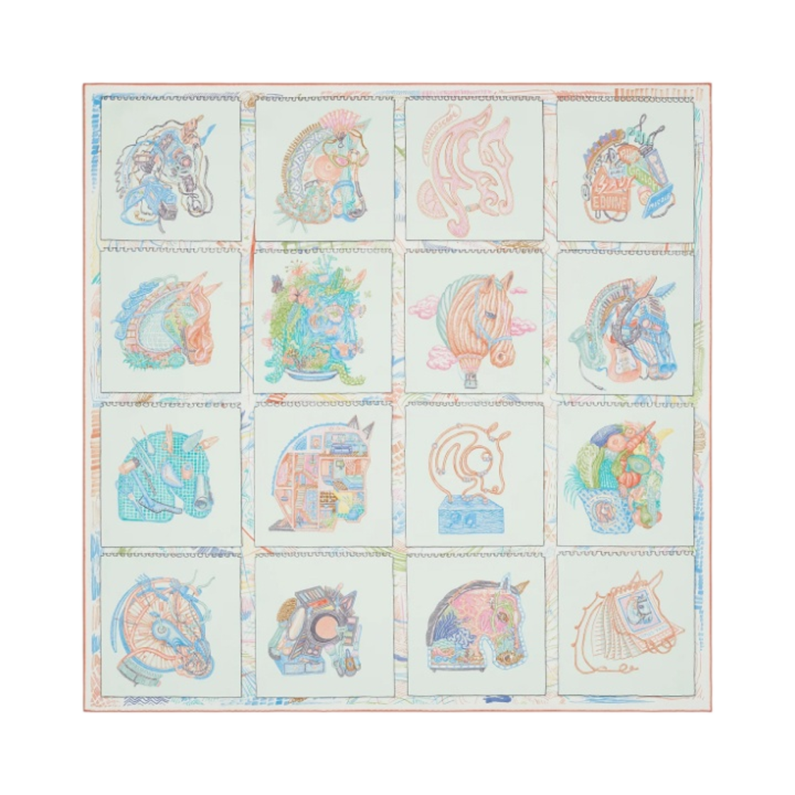 (W) 에르메스 체바로스코프 스카프 90 베르 도으 꼬라이유 블루((W) Hermes Chevaloscope Scarf 90 Vert Deau Corail Bleu) - 1