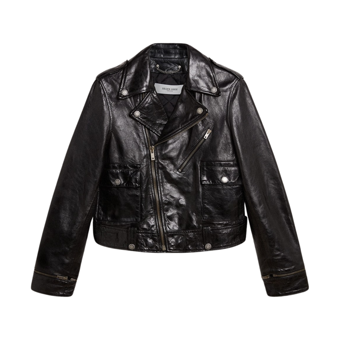 (W) 골든구스 글로시 이펙트 레더 바이커 자켓 블랙((W) Golden Goose Leather Biker Jacket with Glossy Effect Black)