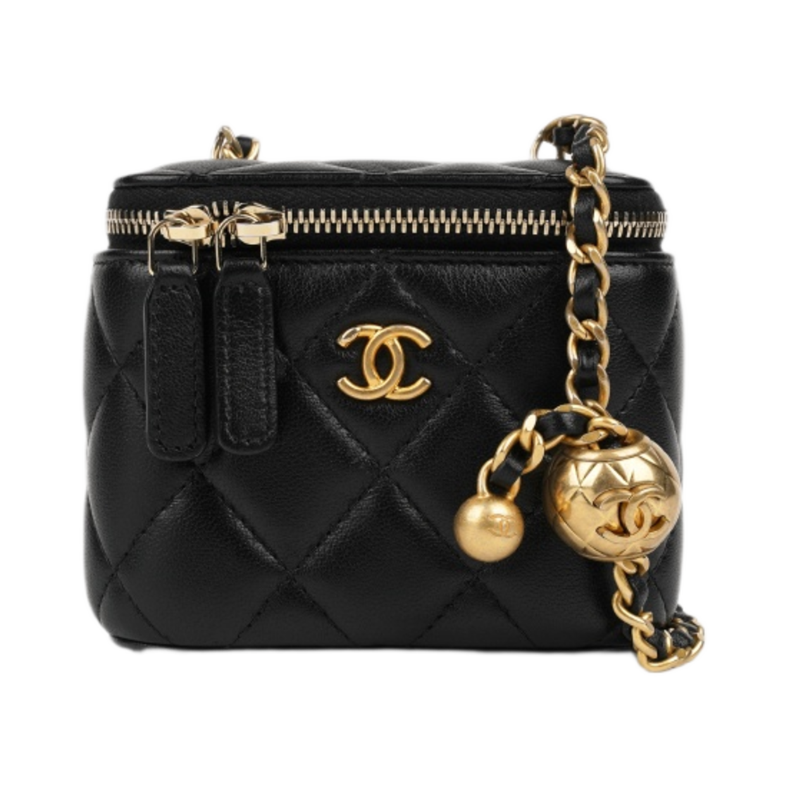 샤넬 스몰 체인 코스메틱 케이스 램스킨 & 골드 메탈 블랙 (내부 거울 포함)(Chanel Small Vanity With Chain Lambskin & Gold Black (Inside Mirror))