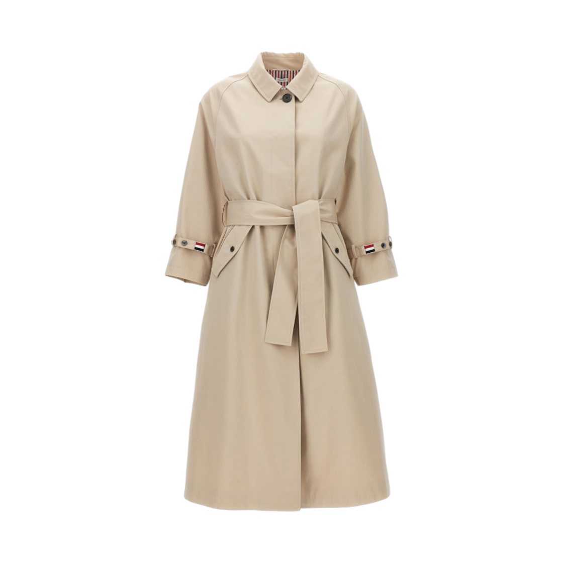 FOC597A-06111-250 (W) Thom Browne Waterproof Cotton Twill Raglan Trench Overcoat Khaki