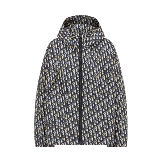 327C25A2970-X5803 (W) Dior Waterproof Hooded Jacket Blue Technical Taffeta Jacquard Oblique Motif