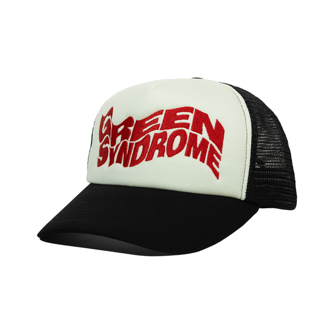 GS25HW017BKROS Green Syndrome Weird Logo Mesh Trucker Cap Black Red