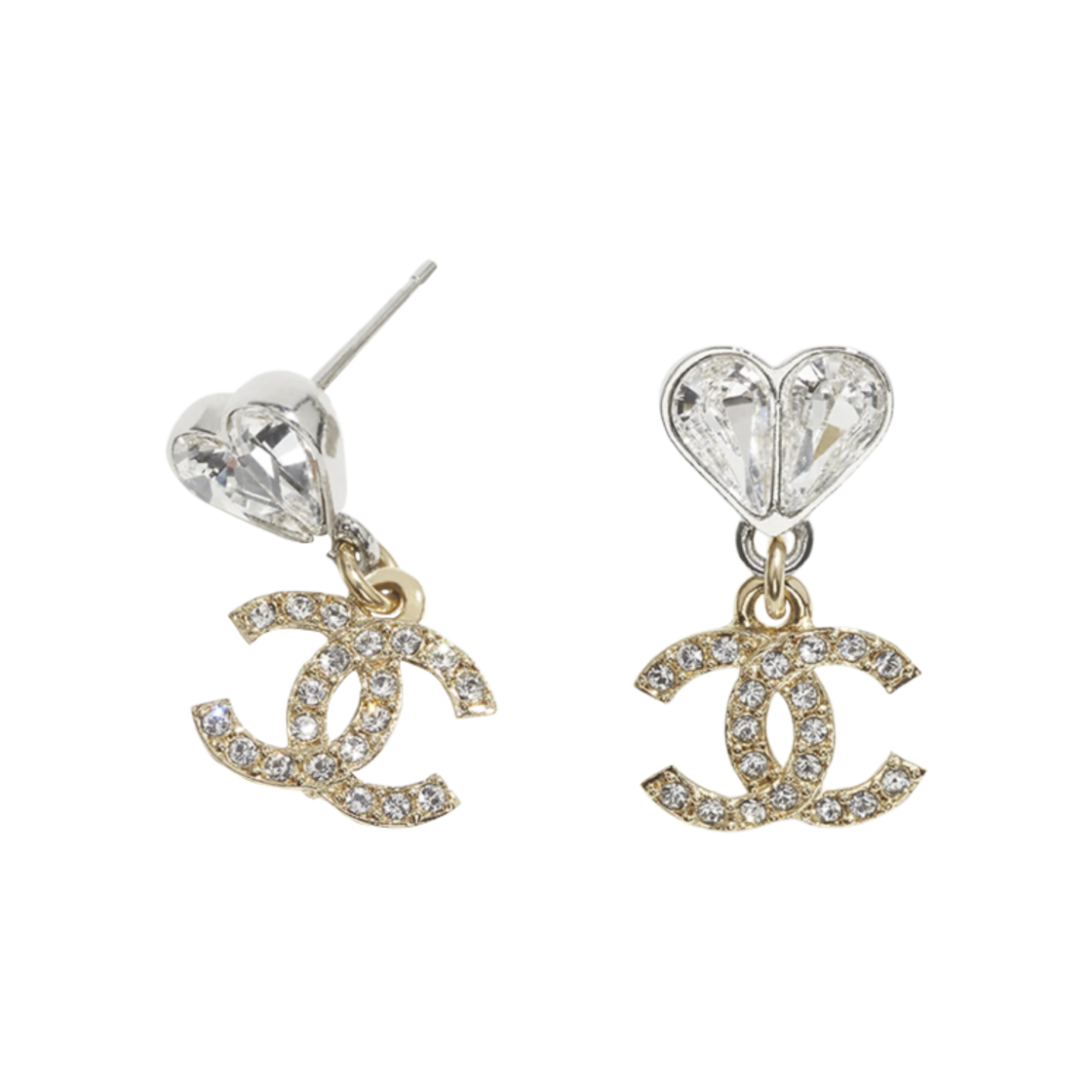 (W) 샤넬 펜던트 이어링 메탈 스트라스 & 실버 골드 크리스탈((W) Chanel Pendant Earrings Metal Strass & Silver Gold Crystal)
