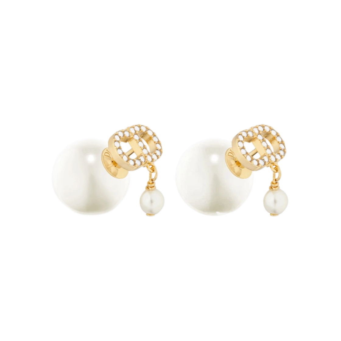 (W) 디올 트리발 이어링 골드 피니쉬 메탈 화이트 레진 펄 화이트 크리스탈((W) Dior Tribales Earrings Gold Finish Metal White Resin Pearls White Crystals) - 1