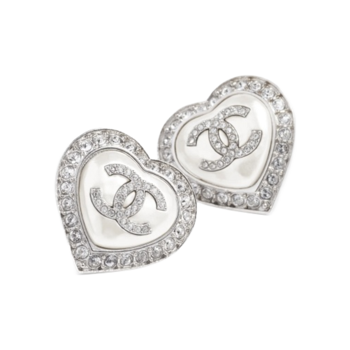 (W) 샤넬 스터드 이어링 메탈 스트라스 & 실버 펄리 화이트 크리스탈((W) Chanel Stud Earrings Metal Strass & Silver Pearly White Crystal) - 2